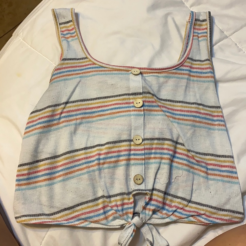 Tank top with fake buttons and tie knot and multi colored stripes